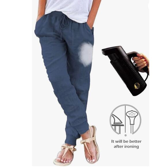 NEW Puimentiua Womens Tapered Casual Pants Cotton Linen Drawstring SIZE L Blue - Picture 10 of 11